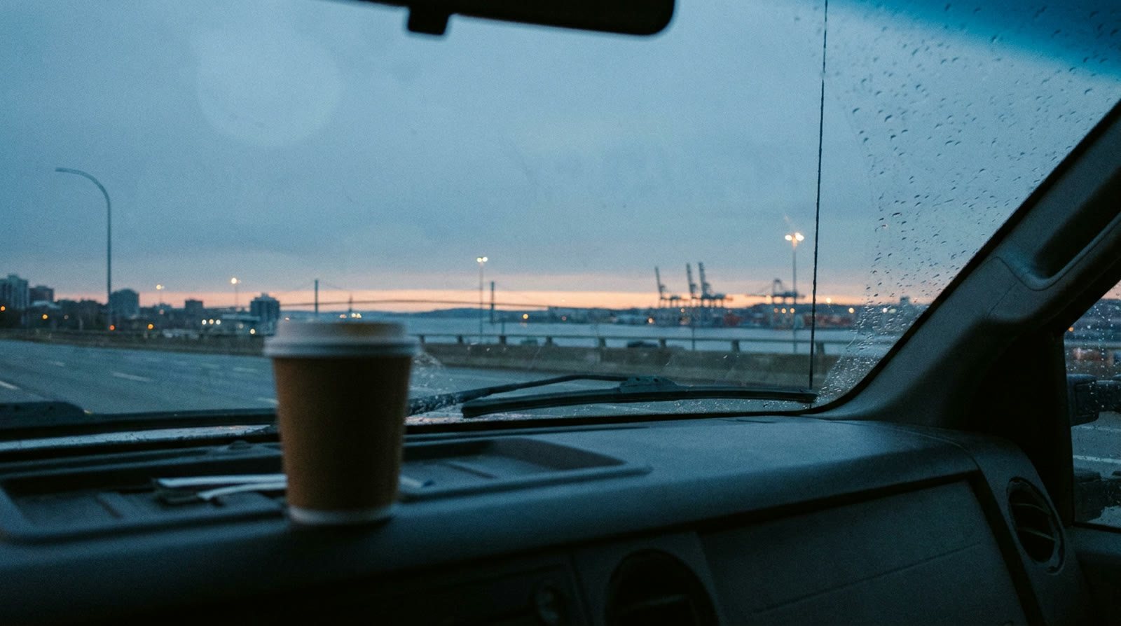 Halifax harbour at dusk from a work truck