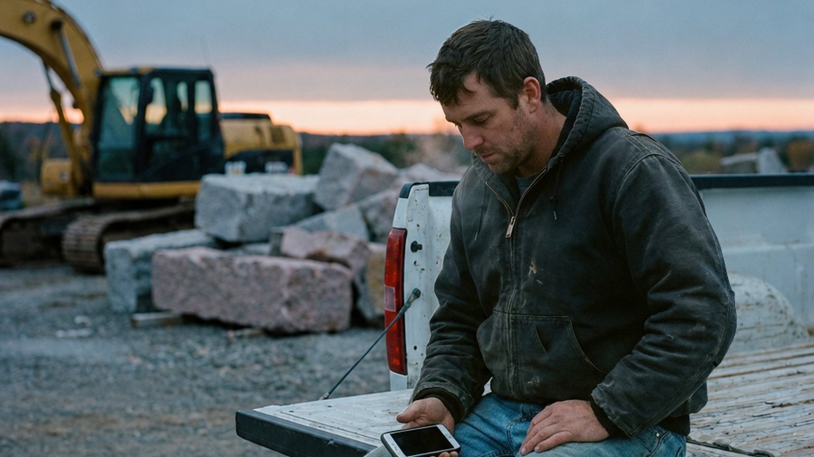 A contractor on a tailgate at first light