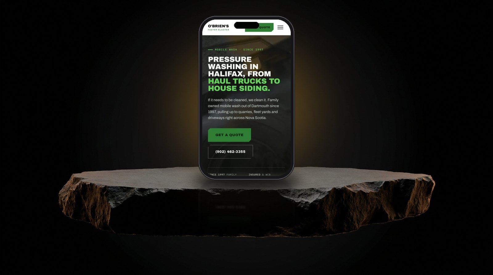 O'Brien's Faster Blaster website shown on a phone