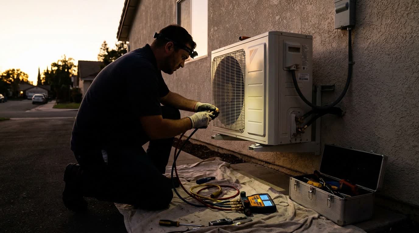 HVAC technician installing a heat pump