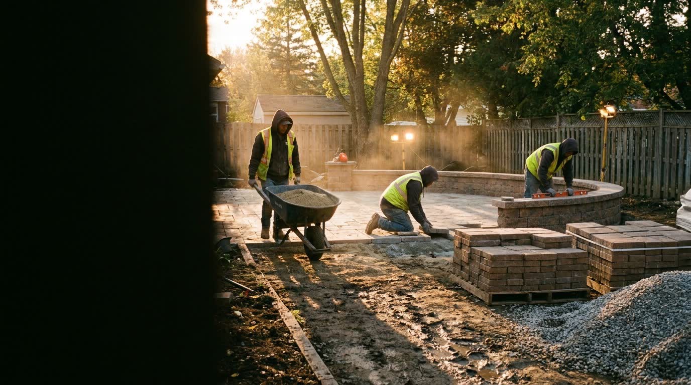 Landscaping crew laying a paver patio
