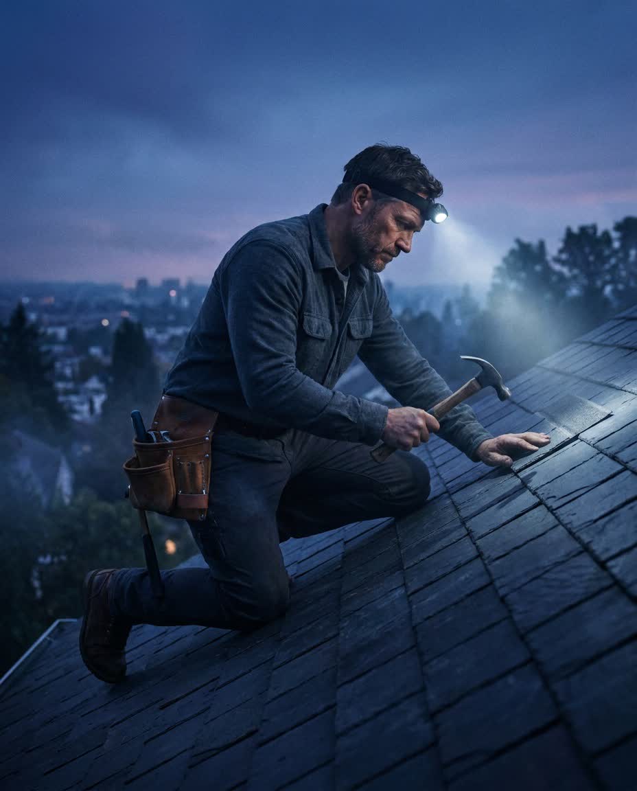Roofer on a steep pitch at sunset